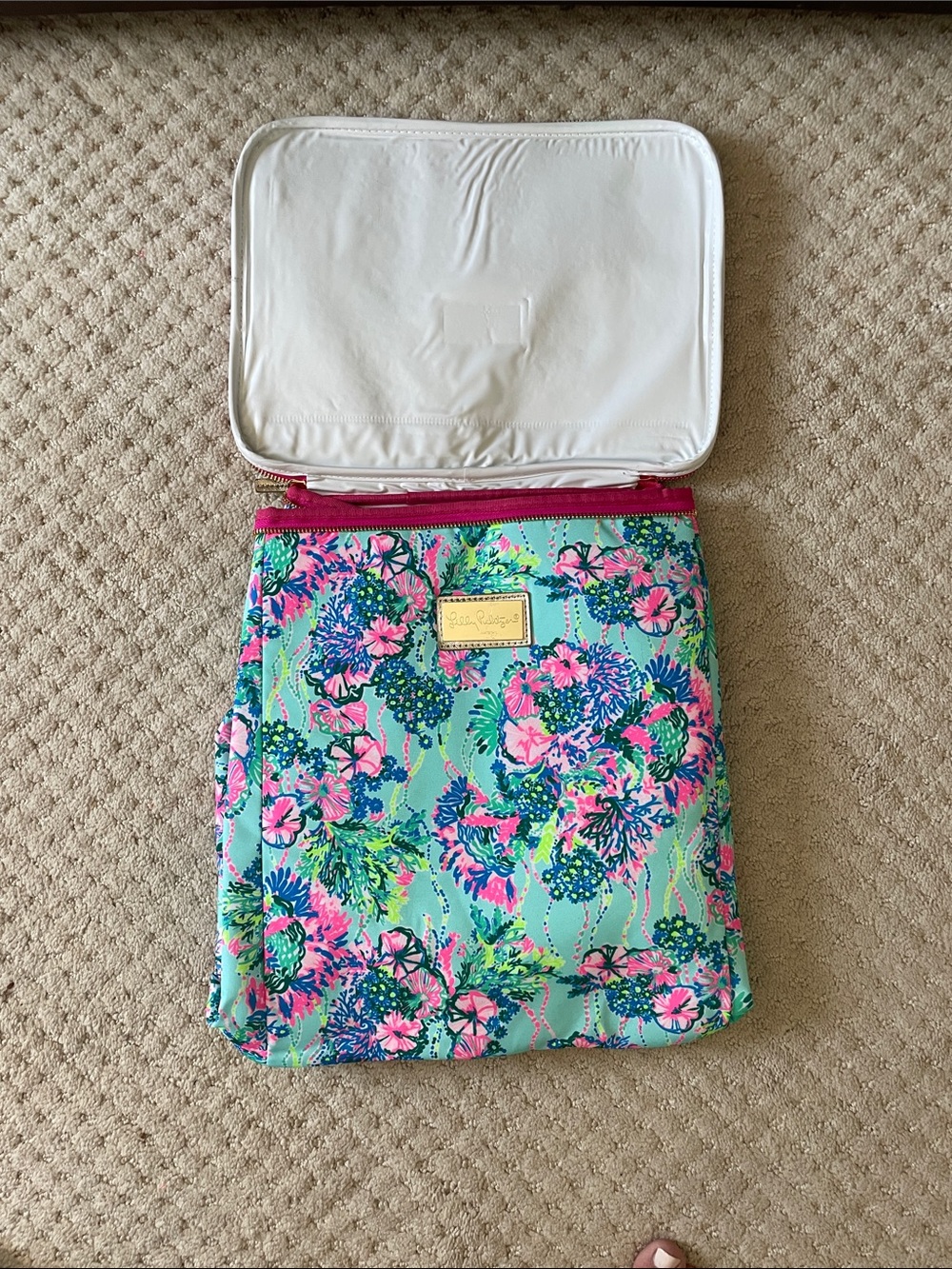 Lilly Pulitzer Aqua Floral Backpack Case with Pink Trim - Picture 2 of 3